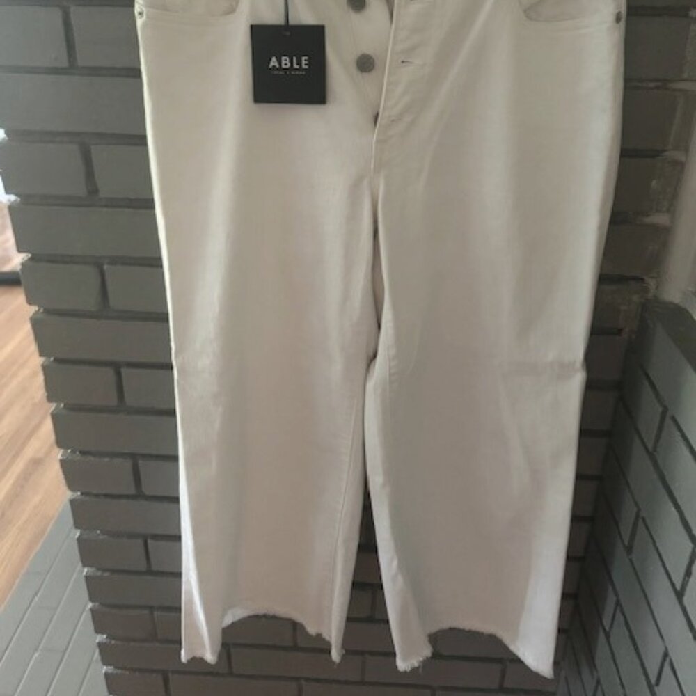 ABLE Cropped White Denim Button Fly Jeans
